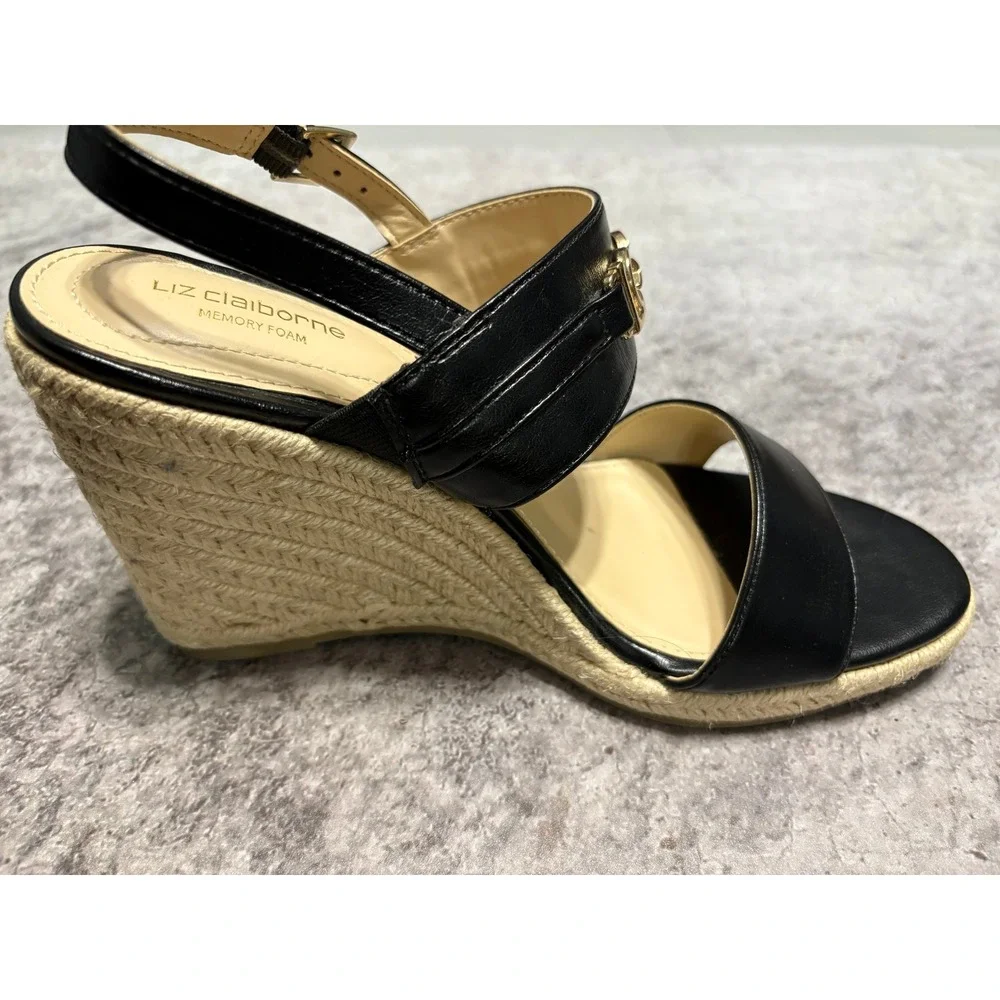 Liz Claiborne LC Amaro Black Espadrille Wedge Sandals Gold Link Accent Womens 7M